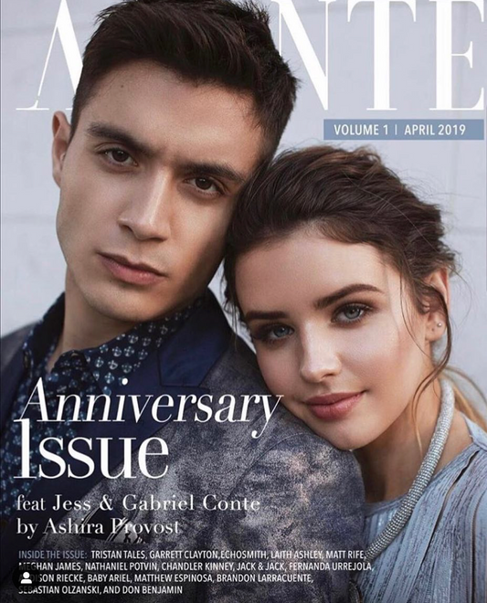 Gabriel and Jess Conte with FORTUNA Tokyo blue jacket on top of the fashion magazine AVANTE.