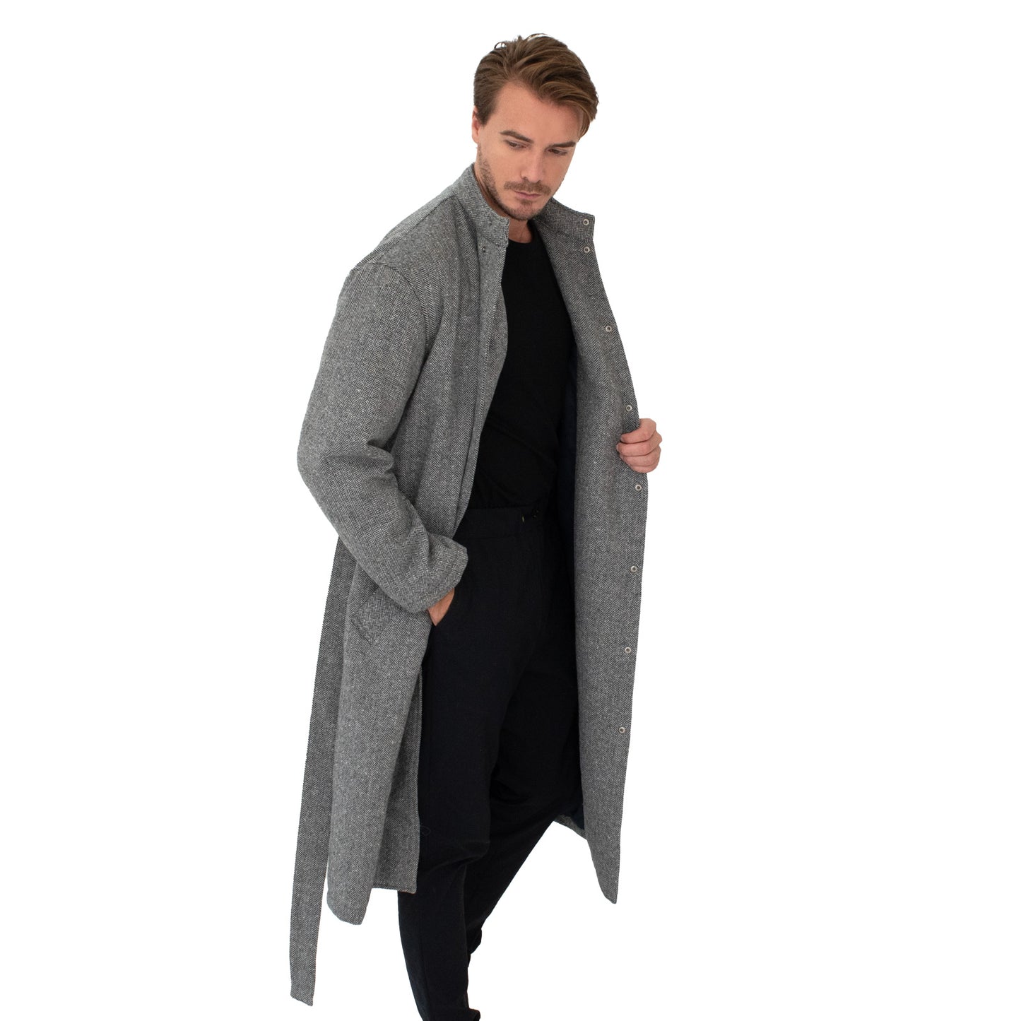 Men's Kinono Long Coat Wool Herringbone Filled with padding 48L - Tokyo Collection Made in Japan FORTUNA Tokyo