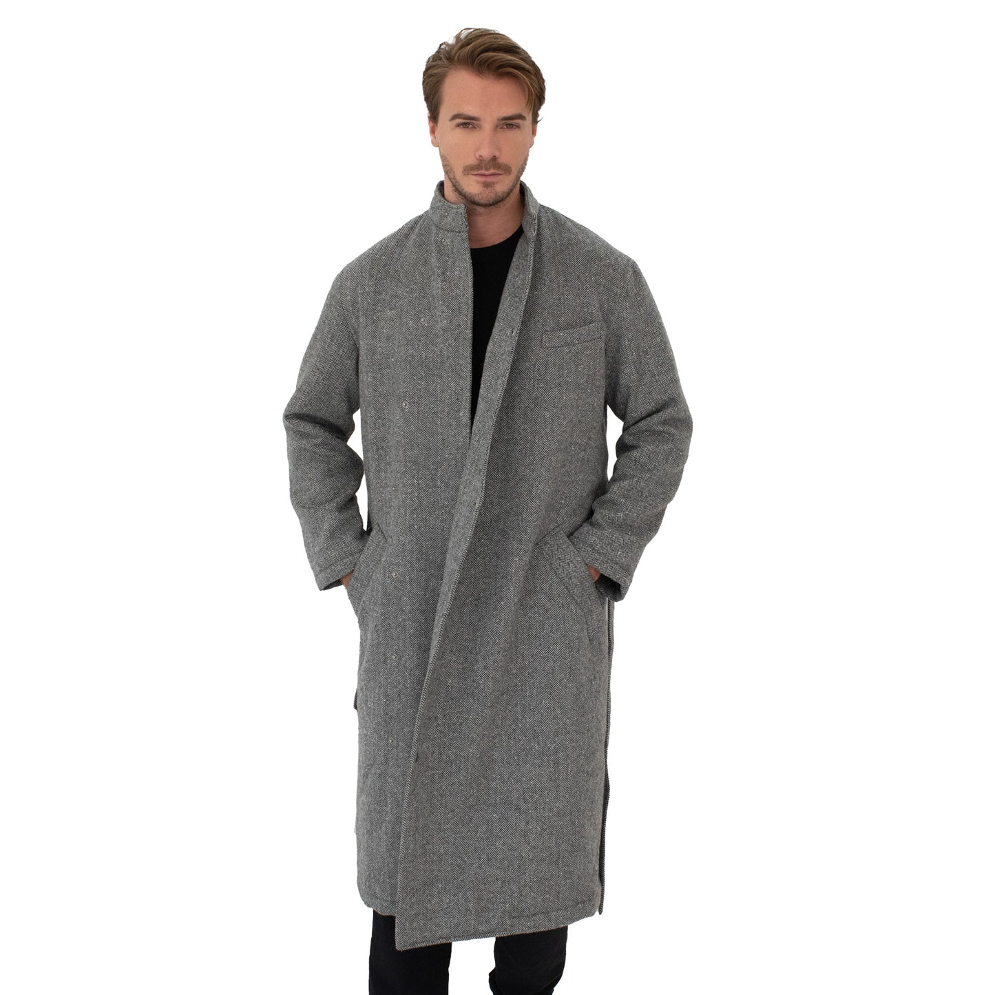 Men's Kinono Long Coat Wool Herringbone Filled with padding 48L - Tokyo Collection Made in Japan FORTUNA Tokyo