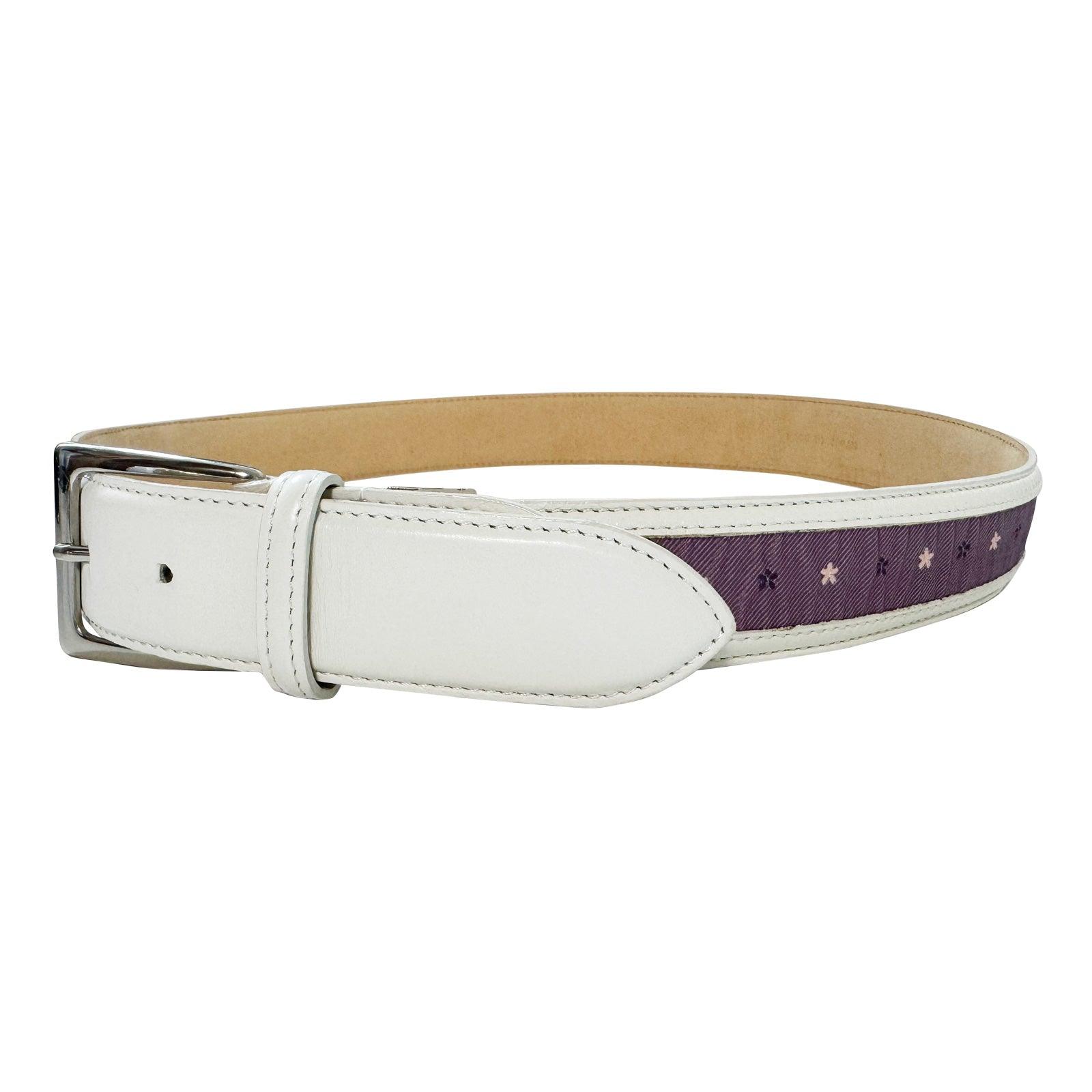 Men's Cowhide leather belt with Nishijin woven silk 15. Sakura Purple white - Made in Japan FORTUNA Tokyo