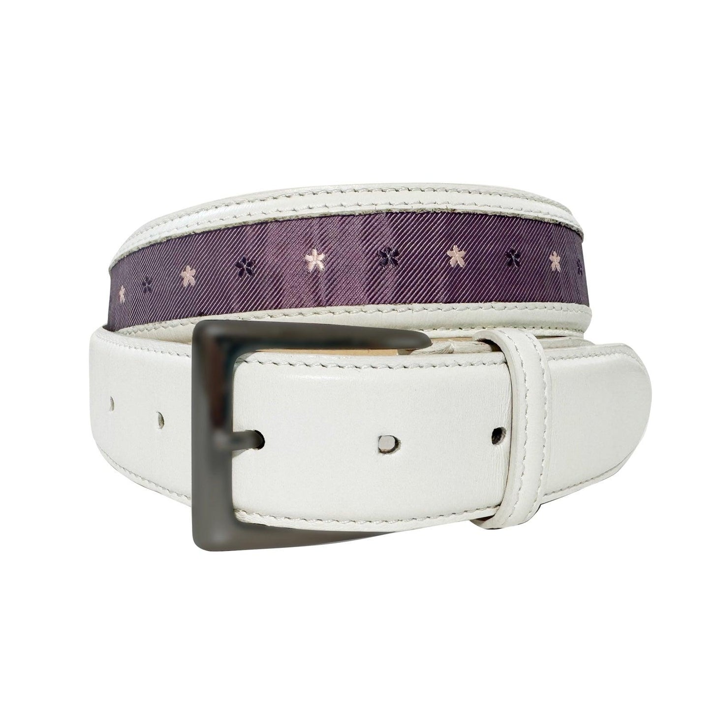 Men's Cowhide leather belt with Nishijin woven silk 15. Sakura Purple white - Made in Japan FORTUNA Tokyo