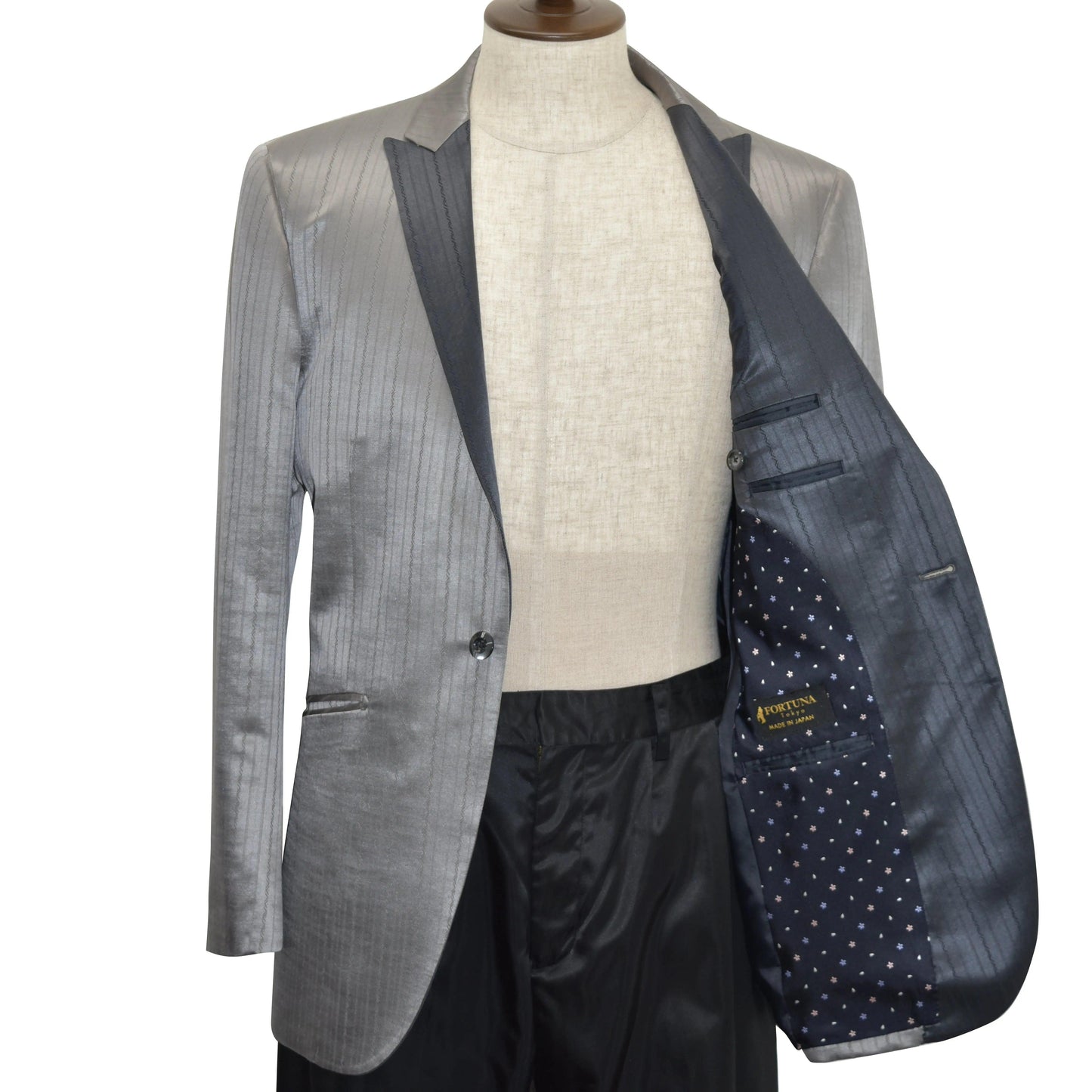 Tuxedo & trousers, Italian Silk Blend Wool, Single Jacket and Pants Silver Men's 48L FORTUNA Tokyo