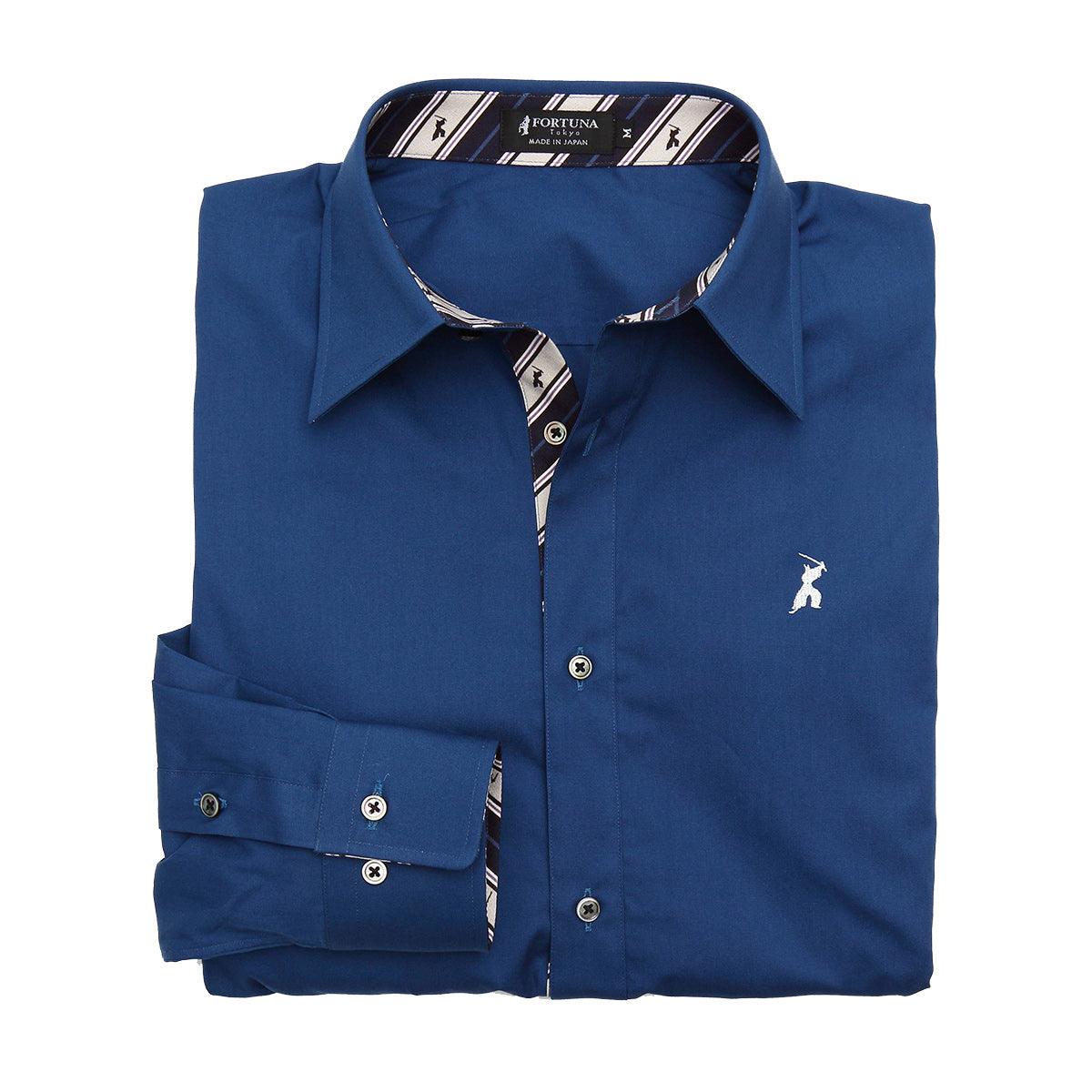 Men’s Long Sleeve Regular Fit Cotton Broadcloth Dress Shirt -16. Samurai Blue Made in Japan FORTUNA Tokyo