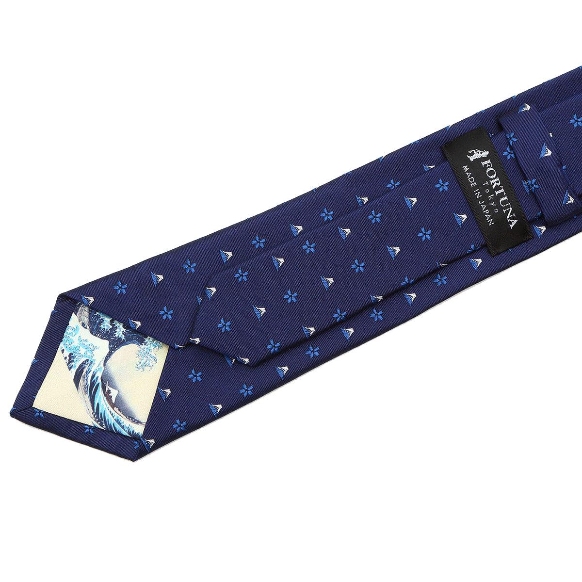 Men’s Jacquard Woven 100% Kyoto Silk Tie -18. Hokusai Mt. Fuji Cherry Blossoms Pattern Made in Japan FORTUNA Tokyo