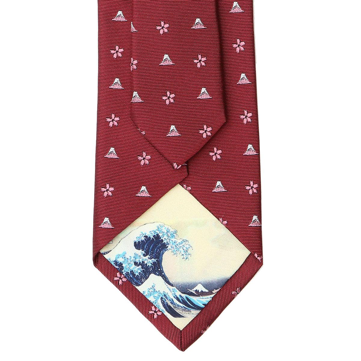 Men’s Jacquard Woven 100% Kyoto Silk Tie -18. Hokusai Mt. Fuji Cherry Blossoms Pattern Made in Japan FORTUNA Tokyo