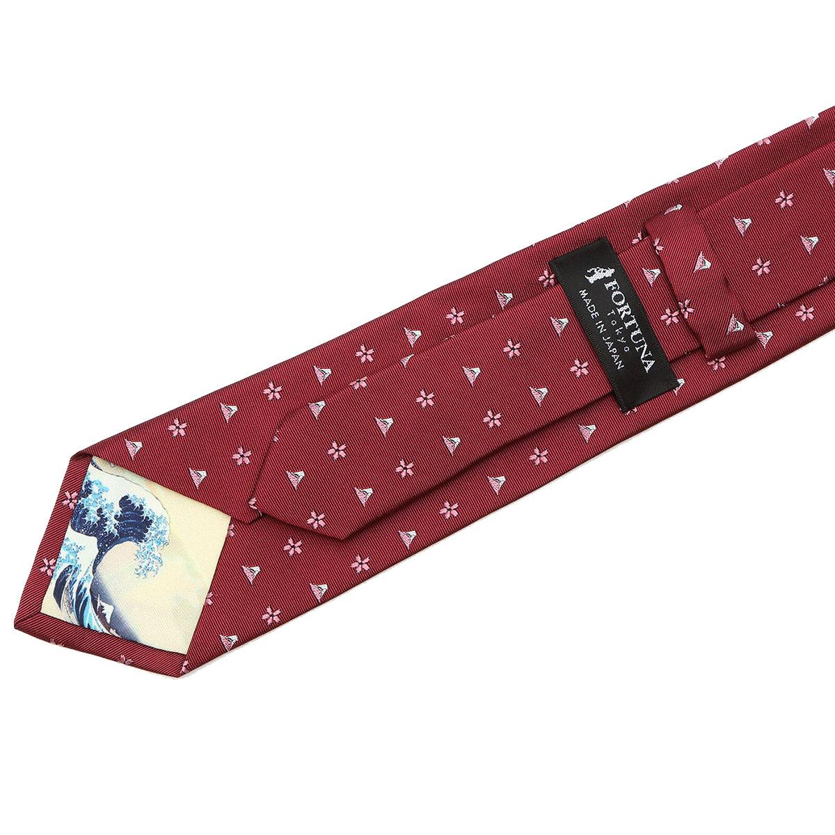 Men’s Jacquard Woven 100% Kyoto Silk Tie -18. Hokusai Mt. Fuji Cherry Blossoms Pattern Made in Japan FORTUNA Tokyo