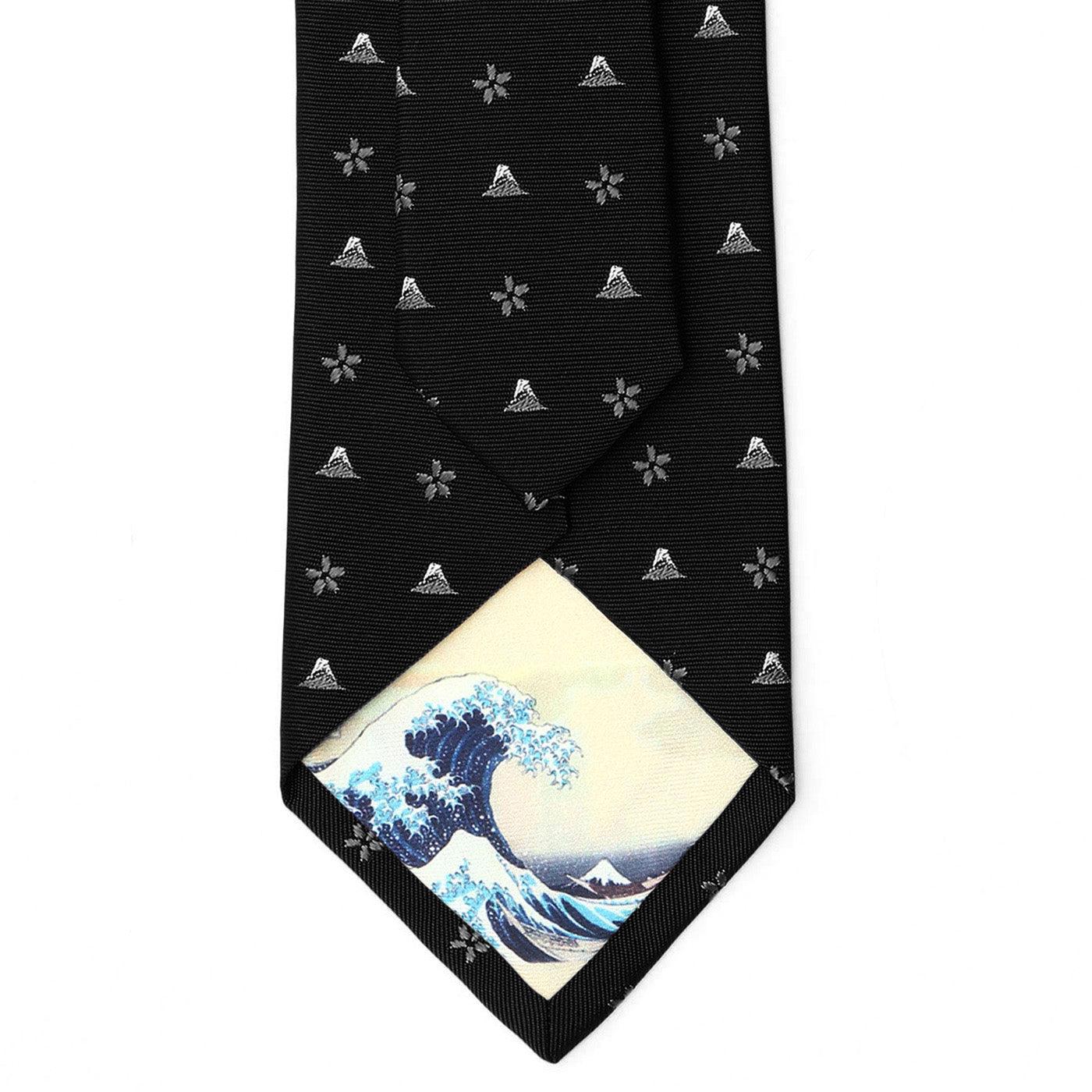 Men’s Jacquard Woven 100% Kyoto Silk Tie -18. Hokusai Mt. Fuji Cherry Blossoms Pattern Made in Japan FORTUNA Tokyo