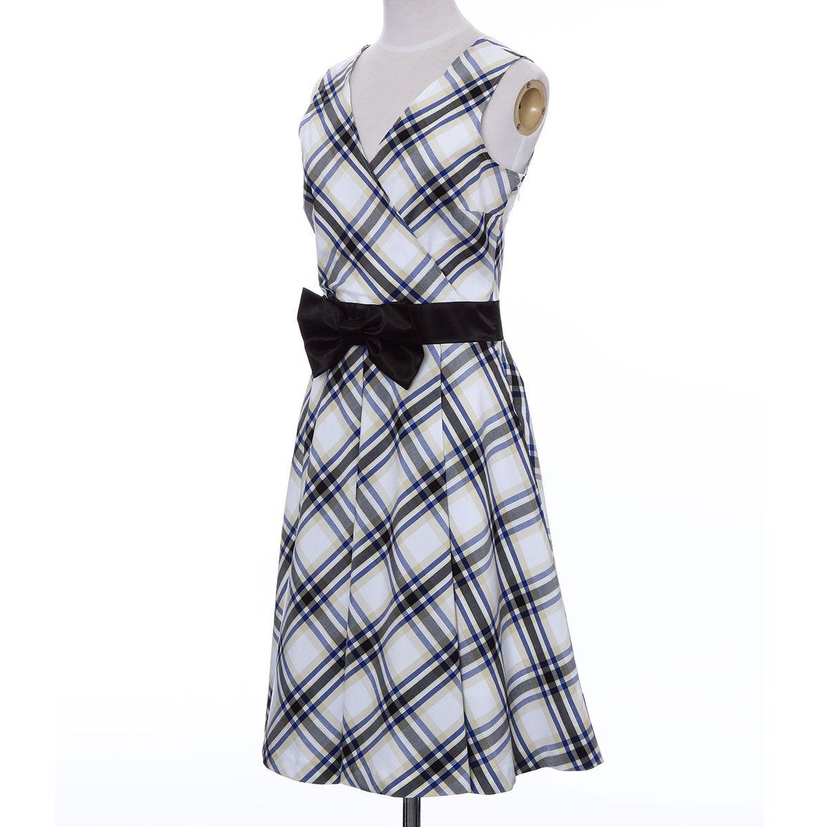 Ladies Wrap One Piece Dress Check Plaid Pattern Made in Japan (White) FORTUNA Tokyo