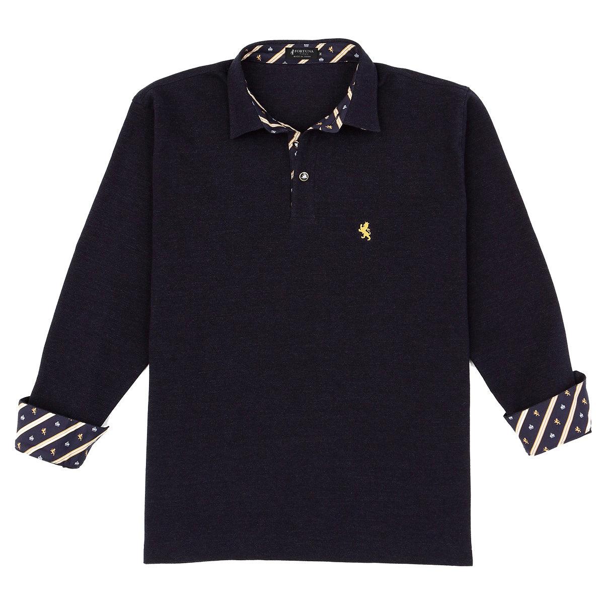 Men’s Long Sleeve Sports Fashion Polo Shirt -08. King Lion & Crown Design Made in Japan FORTUNA Tokyo