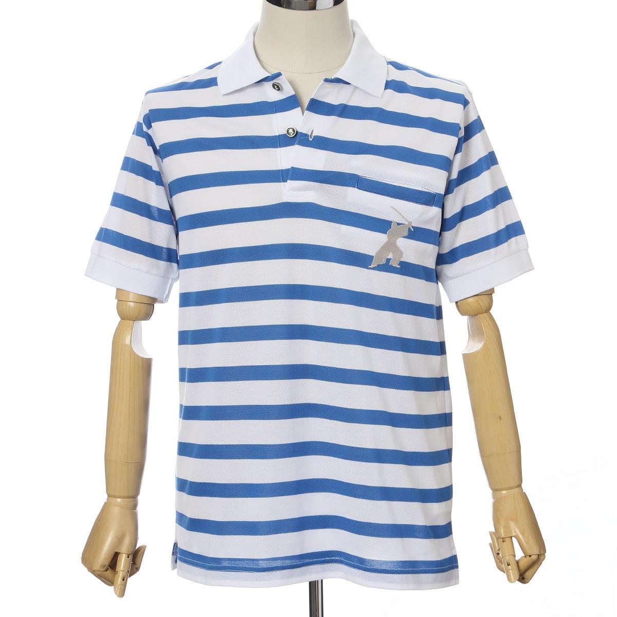 Men’s Short Sleeve Cotton Sports Polo Shirt -16. Samurai Design Striped Blue & White Made in Japan FORTUNA Tokyo