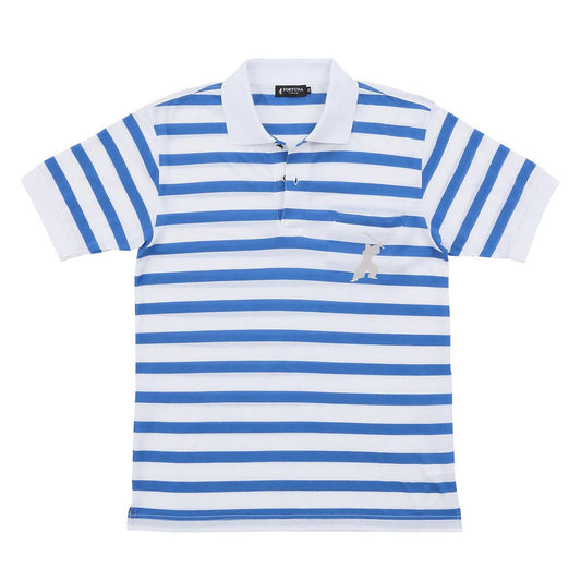 Men’s Short Sleeve Cotton Sports Polo Shirt -16. Samurai Design Striped Blue & White Made in Japan FORTUNA Tokyo