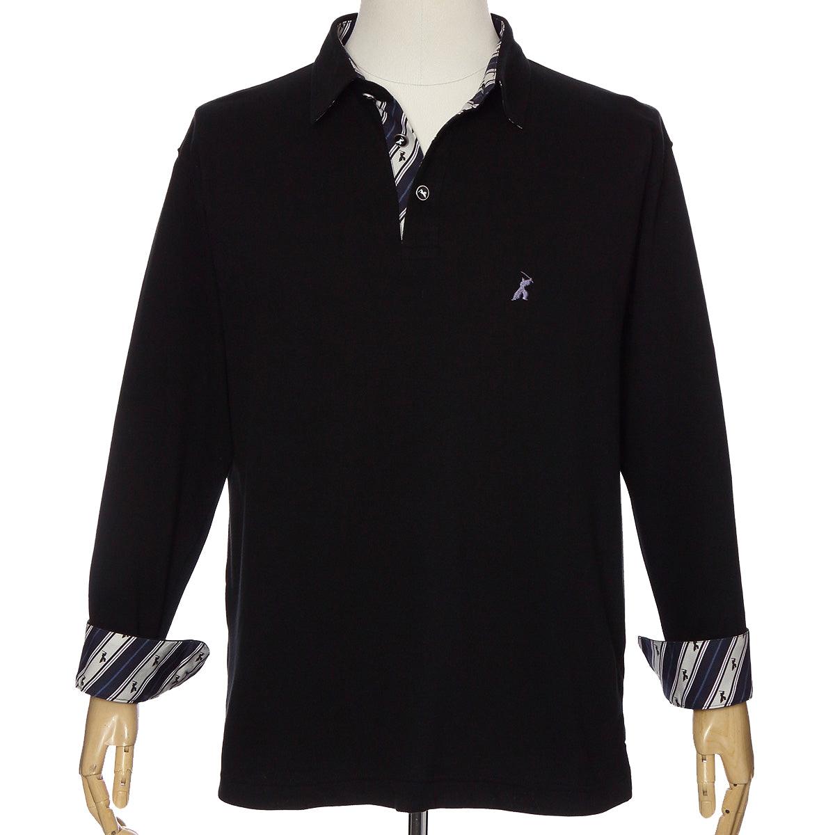 Men’s Long Sleeve Cotton Sports Polo Shirt -16. Samurai Design Black Made in Japan FORTUNA Tokyo