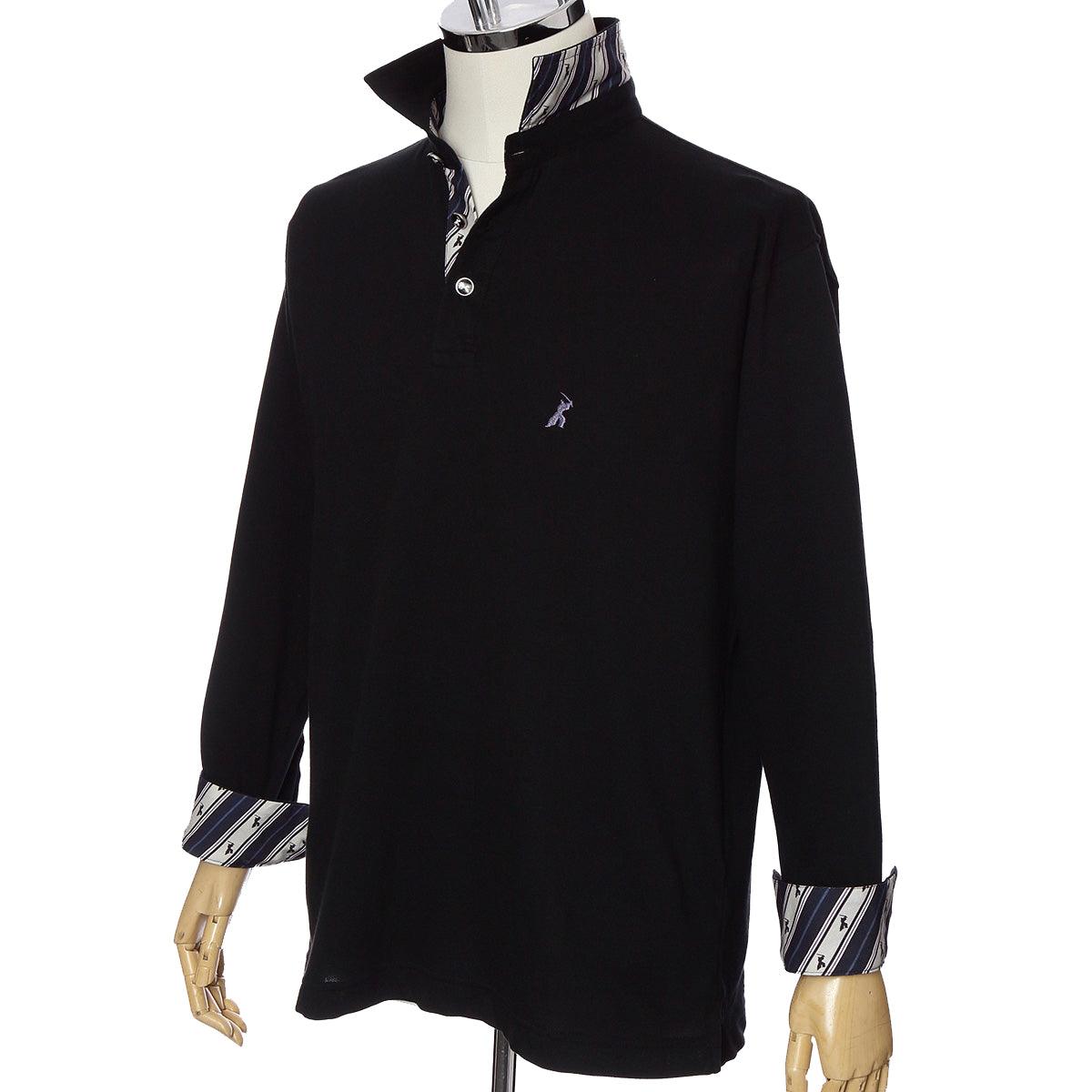 Men’s Long Sleeve Cotton Sports Polo Shirt -16. Samurai Design Black Made in Japan FORTUNA Tokyo