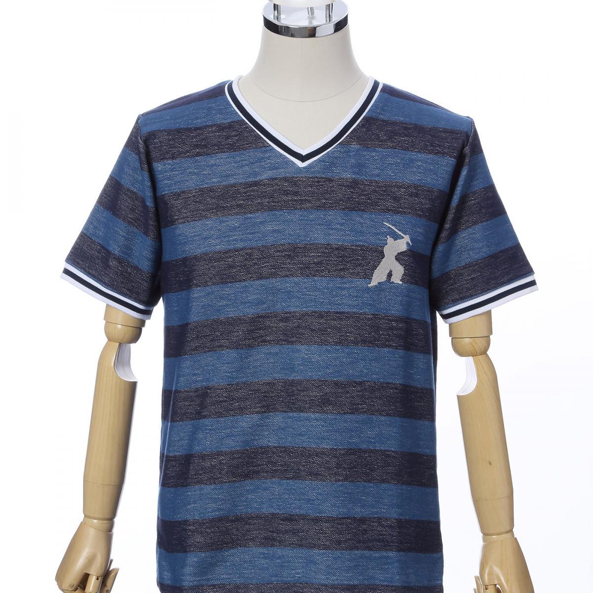 Men’s Short Sleeve Cotton Fashion V-neck T-shirt -16. Samurai Striped Design Blue Made in Japan FORTUNA Tokyo