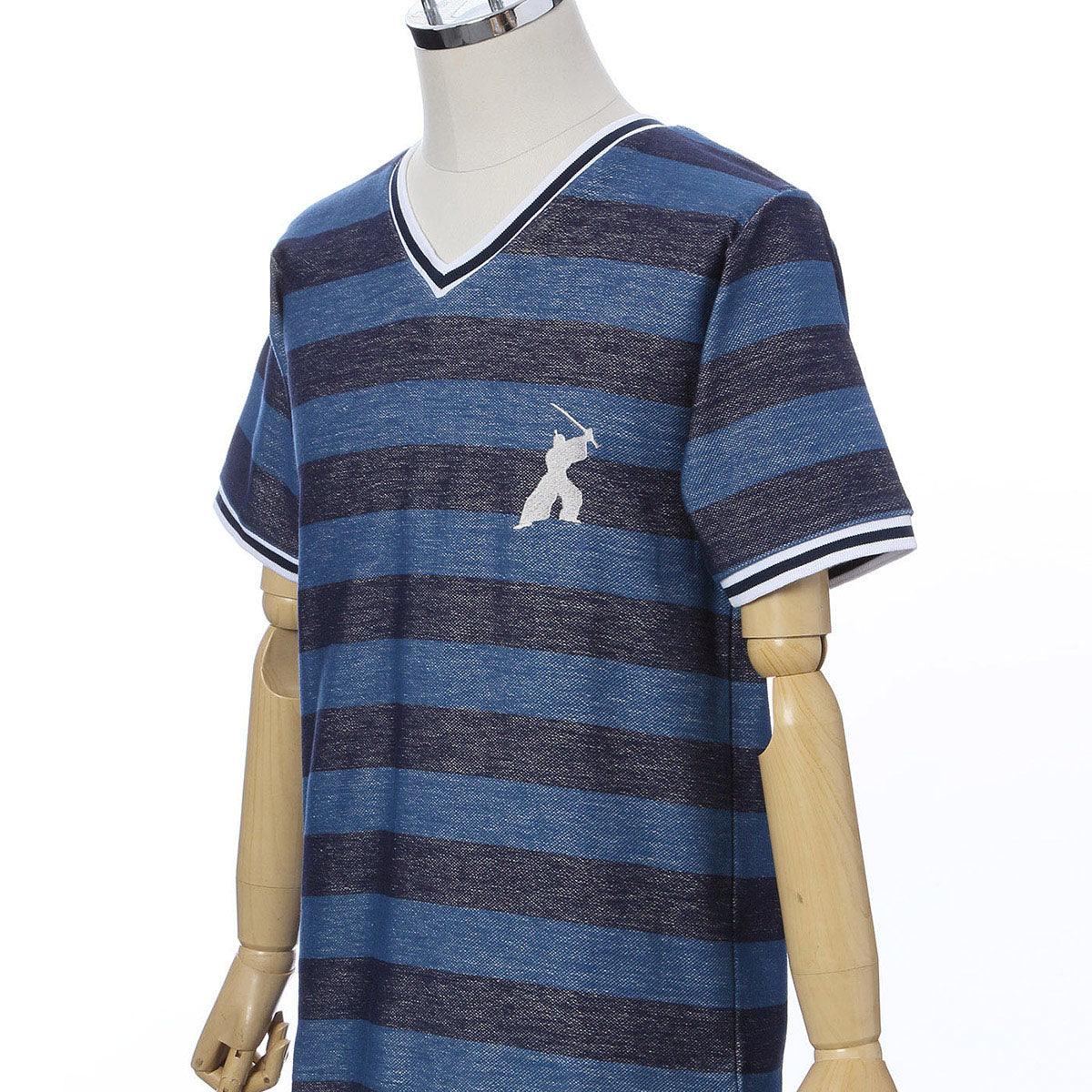 Men’s Short Sleeve Cotton Fashion V-neck T-shirt -16. Samurai Striped Design Blue Made in Japan FORTUNA Tokyo