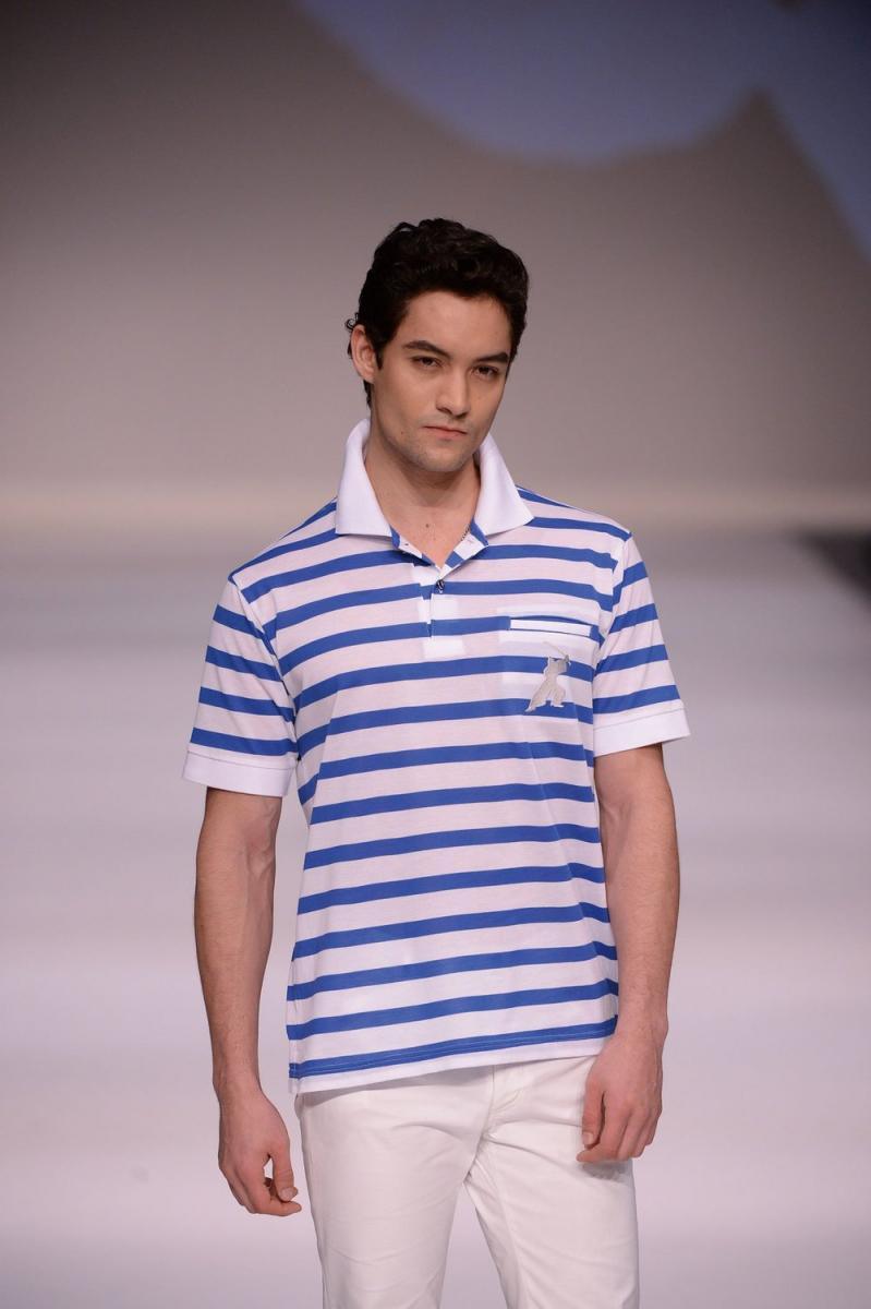 Men’s Short Sleeve Cotton Sports Polo Shirt -16. Samurai Design Striped Blue & White Made in Japan FORTUNA Tokyo