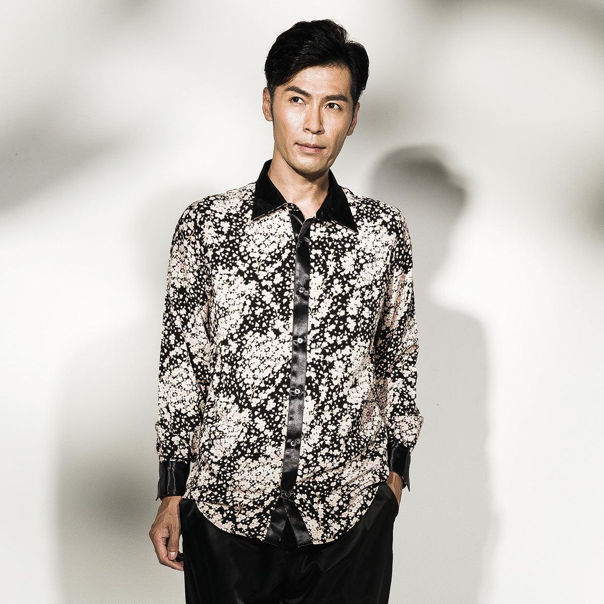 Men’s Unisex Sakura Crepe Dress Shirt Long Sleeve -16. Samurai Cherry Blossoms Pattern Made in Japan FORTUNA Tokyo