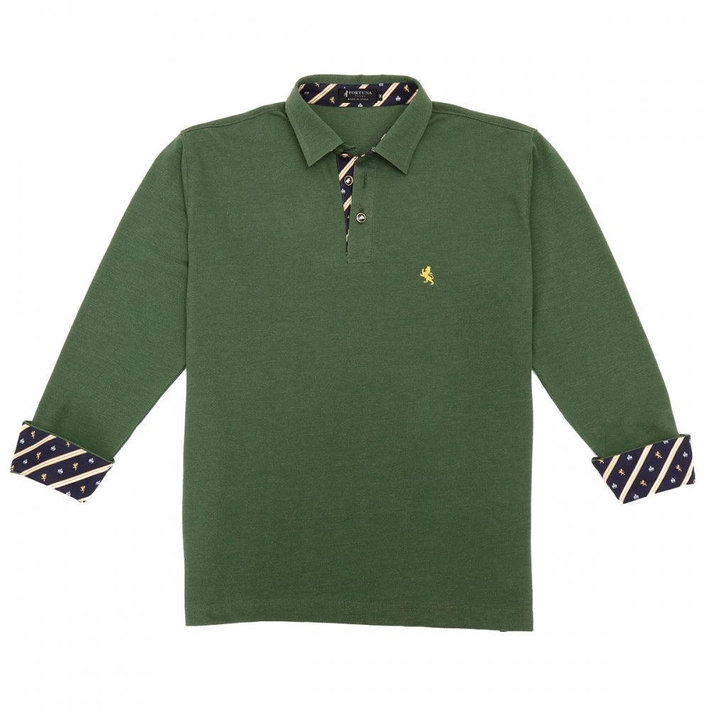 Men’s Long Sleeve Sports Fashion Polo Shirt -08. King Lion & Crown Design Made in Japan FORTUNA Tokyo